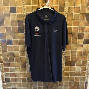 TYR Men's Navy  XL USA Swimming Logo Polo Golf Shirt Like New 24" across
